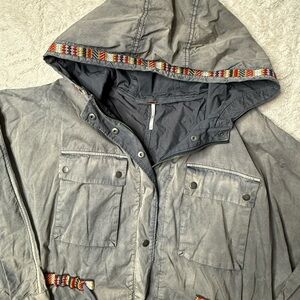 Free People Vintage Gray Hooded Jacket with Patterned Trim